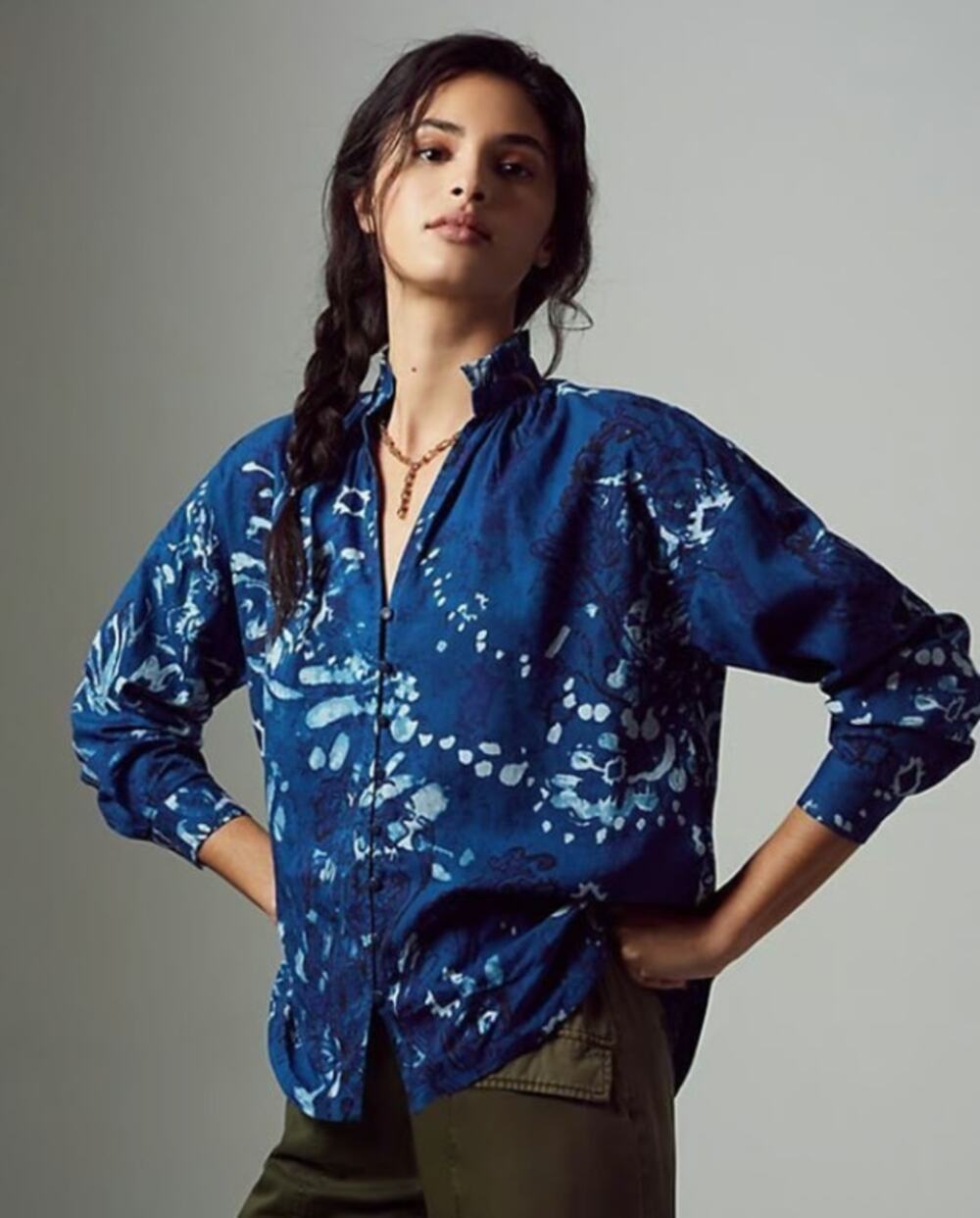 Pilcro Anthropologie Blue Floral Boho Button Down Blouse Cotton Women's size XS